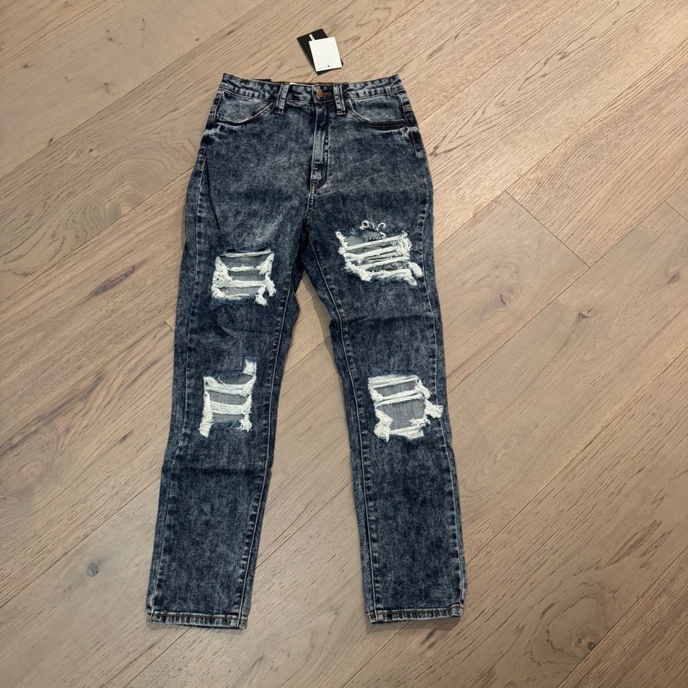 Fashion Nova Fly Me Out Skinny Jeans‎ Size 9 Dark Denim Ripped Distressed